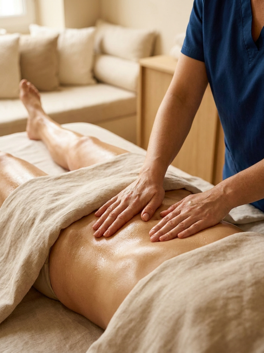 Femme allongée en institut recevant un drainage lymphatique manuel, ambiance calme et lumière douce — vue 2