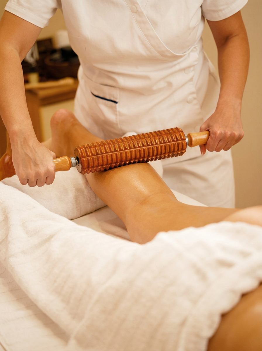 Femme allongée recevant un massage madérothérapie avec un rouleau en bois sur la cuisse — vue 2