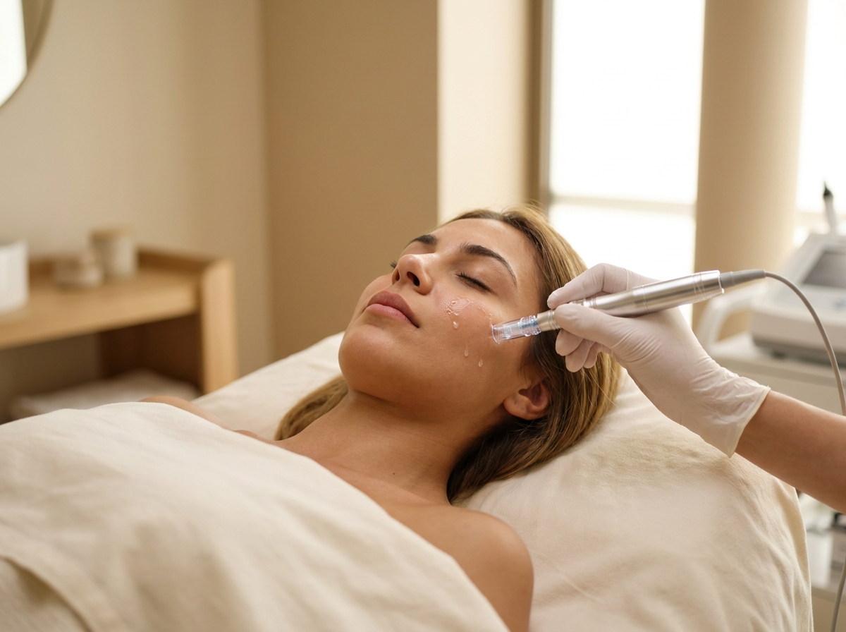 Jeune femme allongée en institut recevant un soin microneedling au dermapen sur le visage