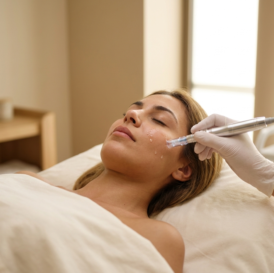 Jeune femme allongée en institut recevant un soin microneedling au dermapen sur le visage — vue 4