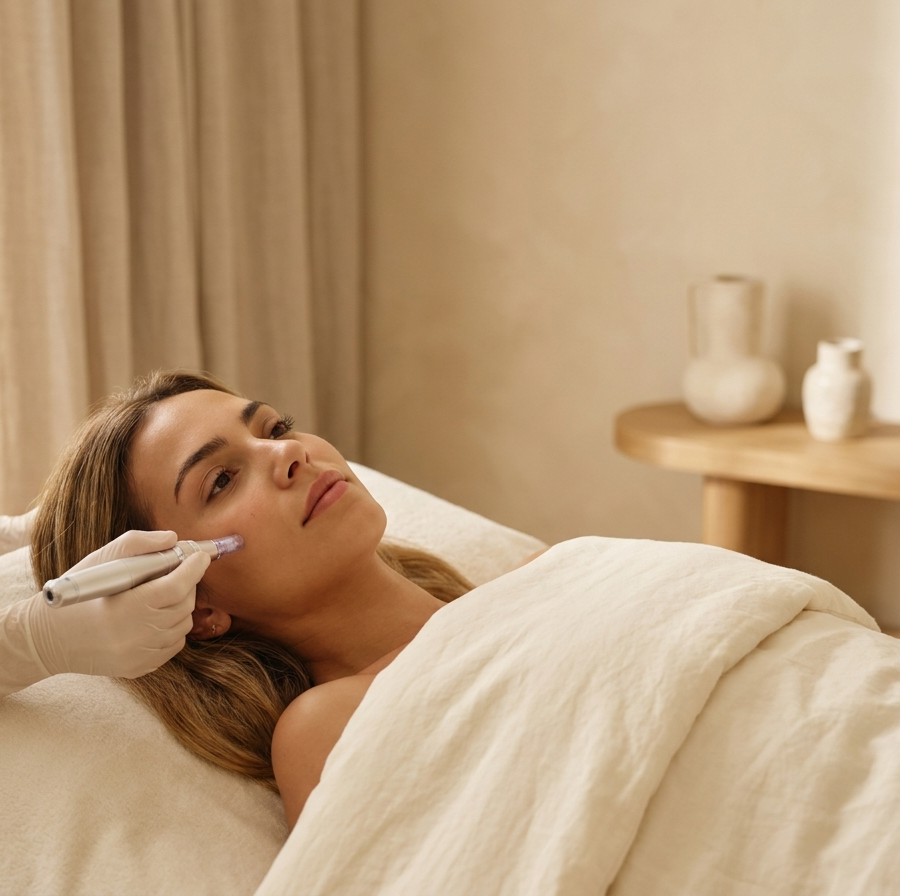 Jeune femme allongée en institut recevant un soin microneedling au dermapen sur le visage — vue 1