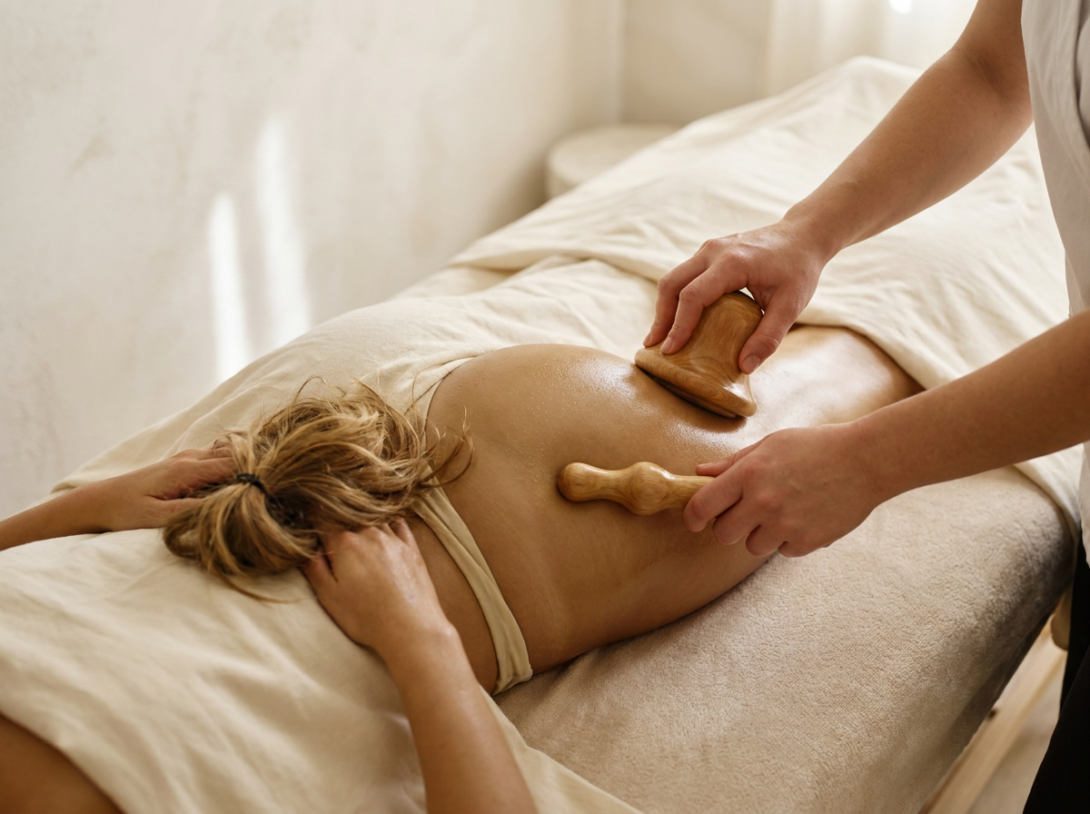 Femme allongée recevant un massage madérothérapie avec un rouleau en bois sur la cuisse