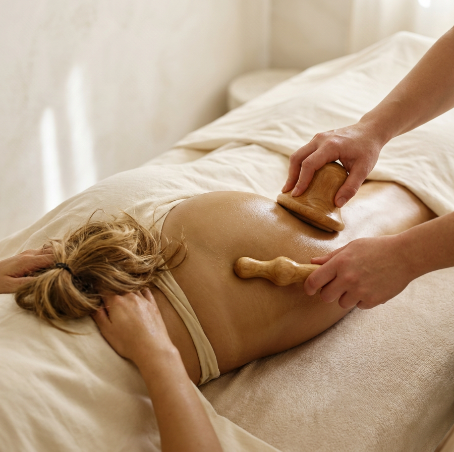 Femme allongée recevant un massage madérothérapie avec un rouleau en bois sur la cuisse — vue 4