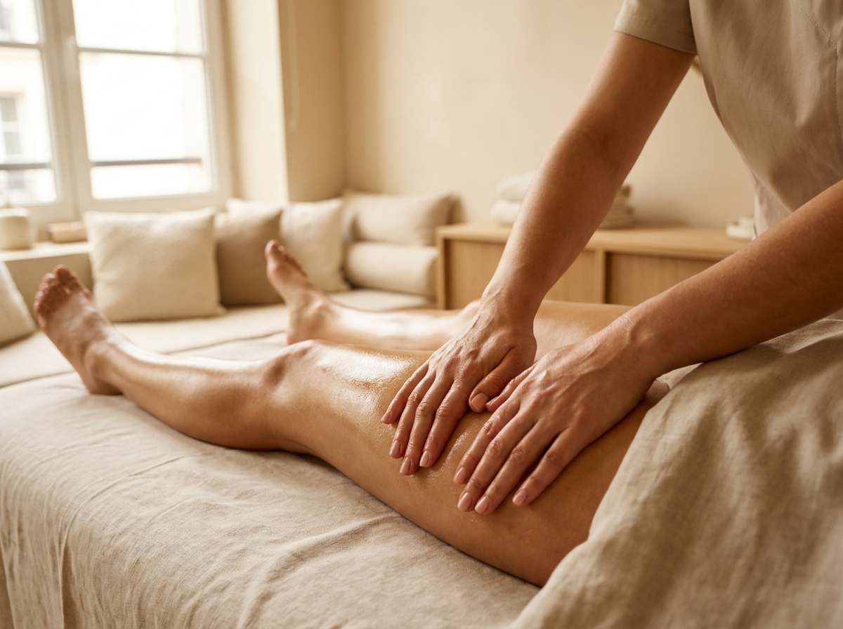 Femme allongée en institut recevant un drainage lymphatique manuel, ambiance calme et lumière douce