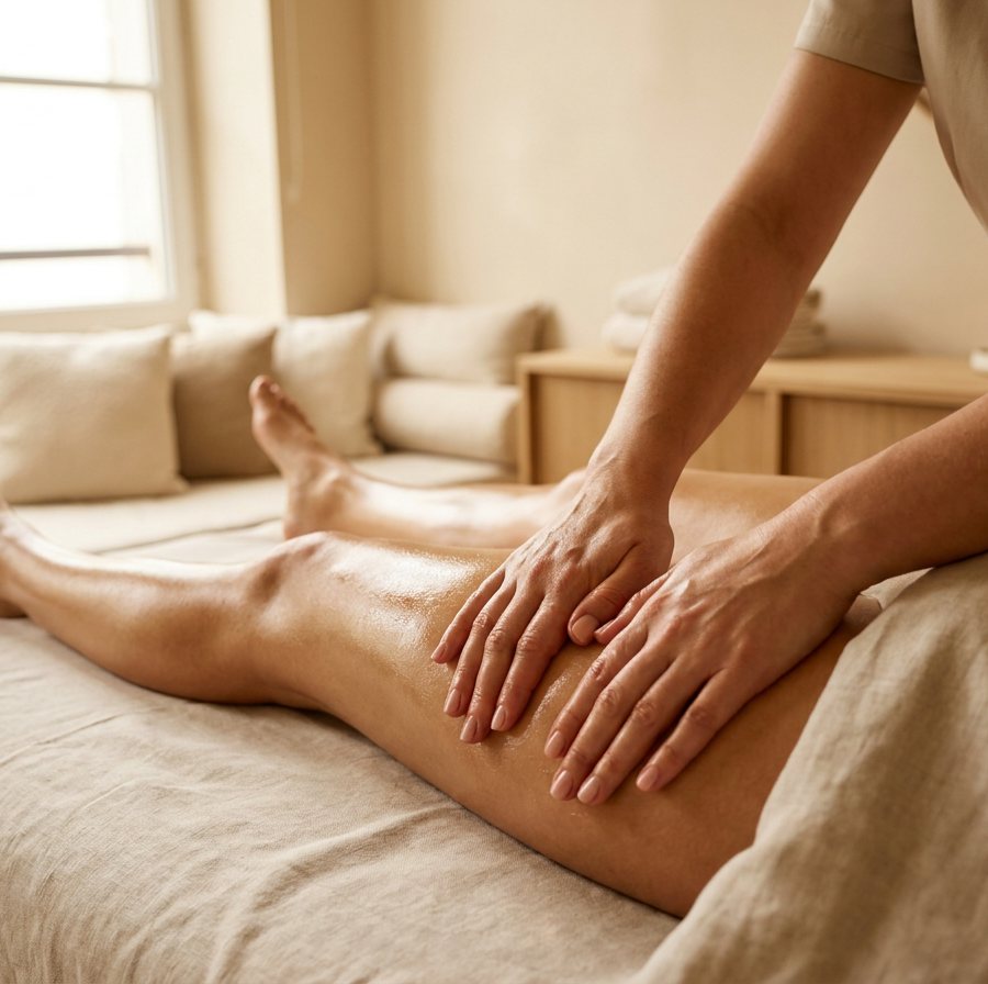 Femme allongée en institut recevant un drainage lymphatique manuel, ambiance calme et lumière douce — vue 2