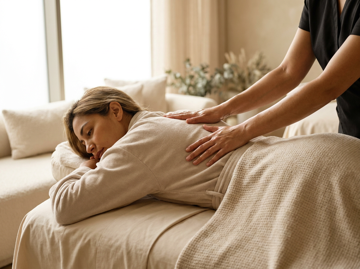 Femme allongée sur une table de massage, dos huilé, ambiance tamisée d'institut