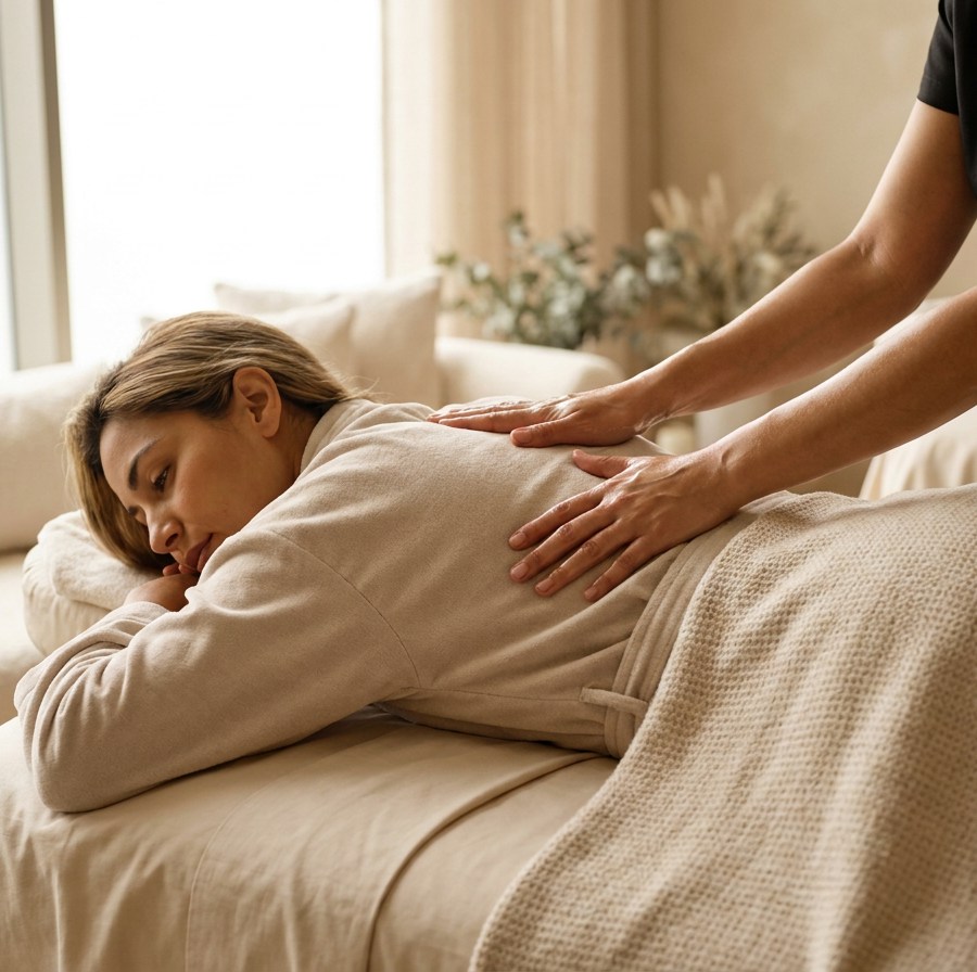 Femme allongée sur une table de massage, dos huilé, ambiance tamisée d'institut — vue 2