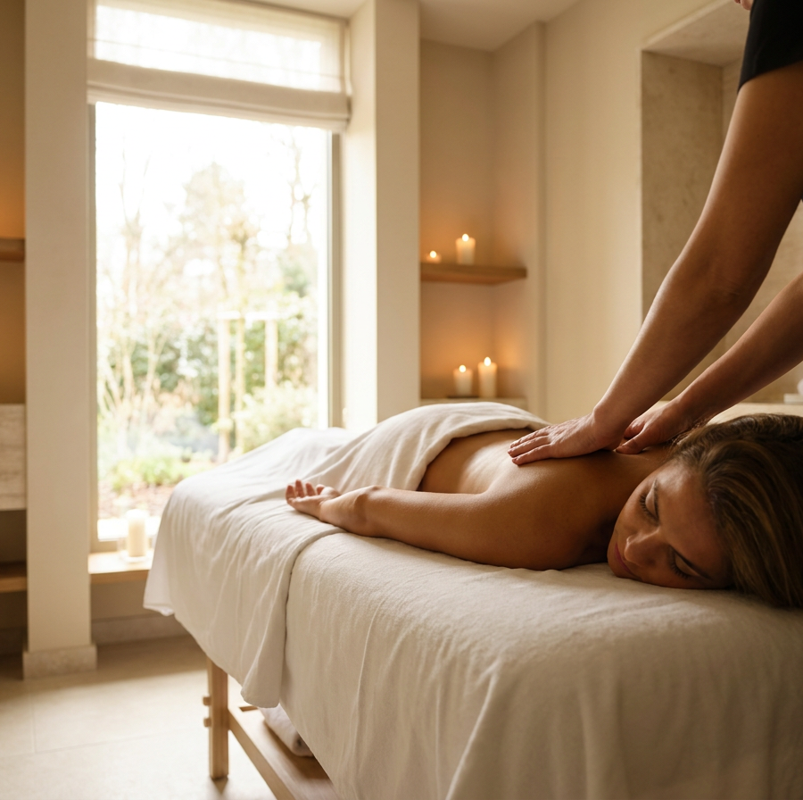 Femme allongée sur une table de massage, dos huilé, ambiance tamisée d'institut — vue 1