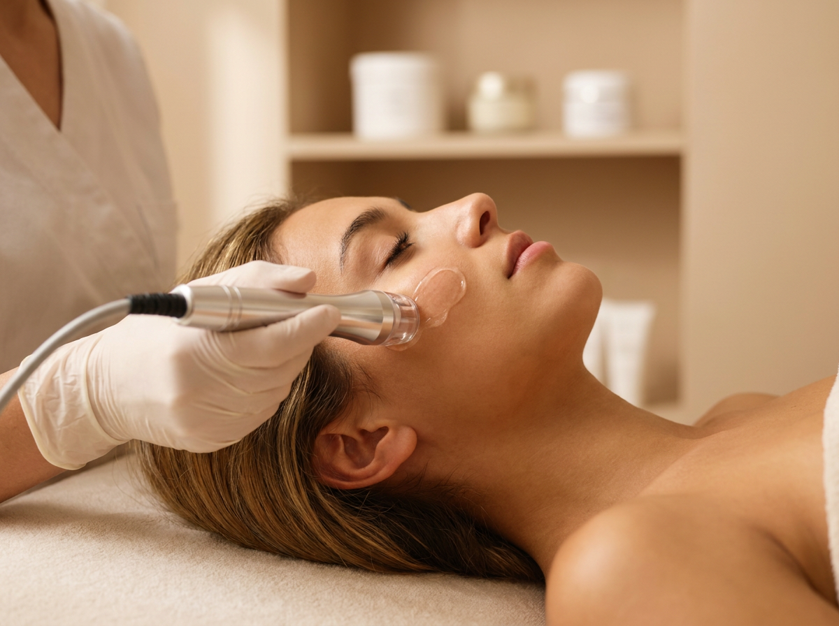 Femme allongée en cabine recevant un soin de radiofréquence visage avec applicateur glissé sur la joue