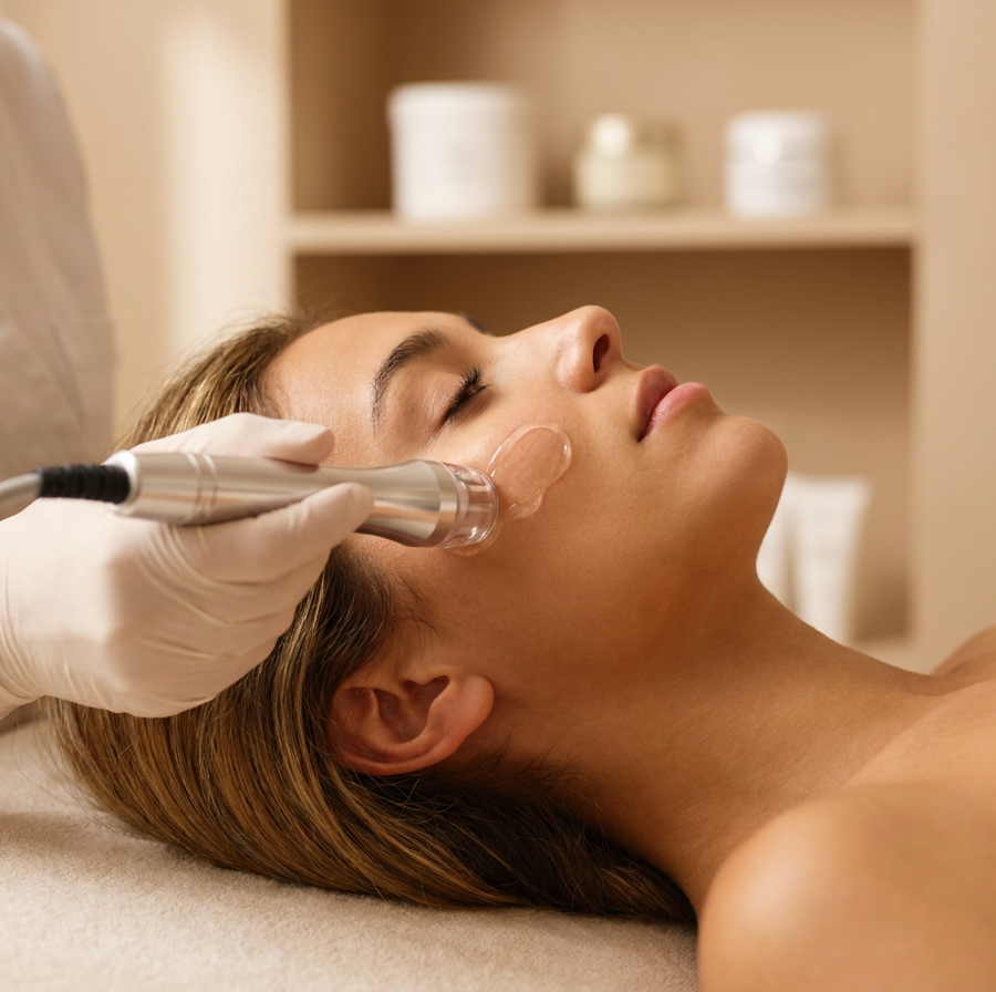 Femme allongée en cabine recevant un soin de radiofréquence visage avec applicateur glissé sur la joue — vue 4
