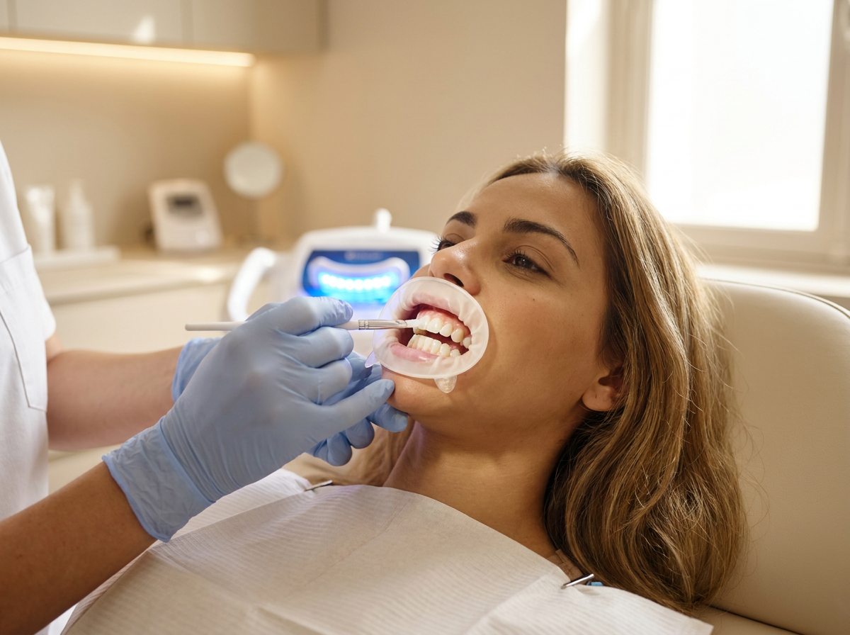 Jeune femme souriante en institut, dents nettes et éclaircies après une séance de blanchiment dentaire LED