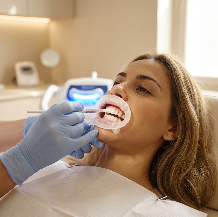 Jeune femme souriante en institut, dents nettes et éclaircies après une séance de blanchiment dentaire LED — vue 4