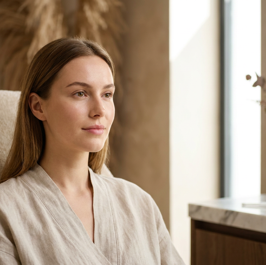 Jeune femme au teint lumineux après une séance de dermaplaning en institut — vue 1